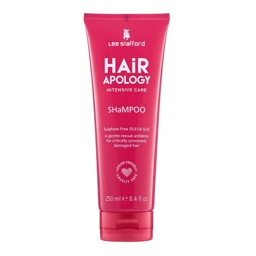 Pink shampoo bottle labeled 'Hair Apology' by Lee Stafford on a white background