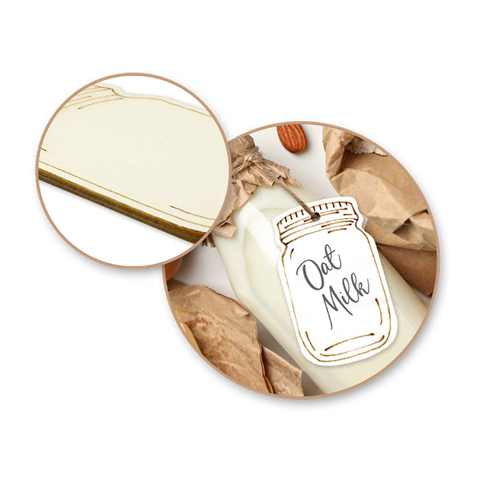 Coaster with oat milk design featuring a jar and almonds on a white background