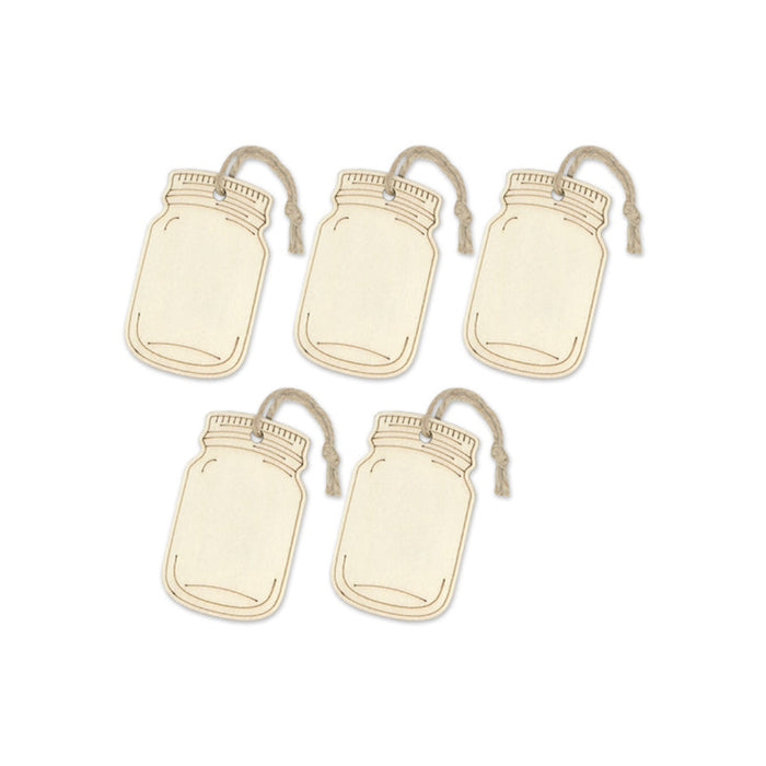 Five mason jar-shaped tags on a white background