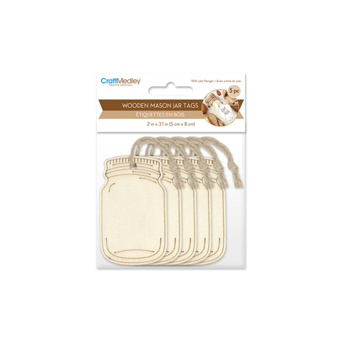 Packaging of wooden mason jar tags with 'Craft Medley' branding on a white background.