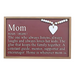 Framed burgundy wall sign with the definition of “Mom,” featuring white lettering, wood bead detail, and a white heart accent.