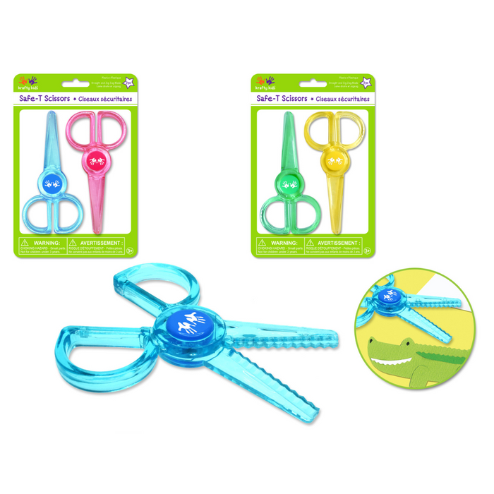 Blue Safe-T Scissors with packaging and additional scissors in green and yellow.