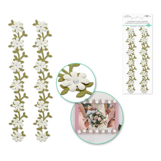 Floral stickers with white flowers and green leaves on a white background