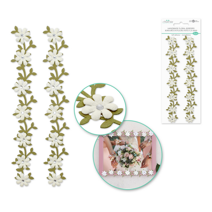 Floral stickers with white flowers and green leaves on a white background