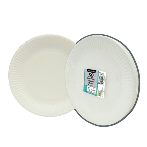 Two white paper plates with a label on a white background