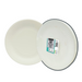 Two white paper plates with a label on a white background