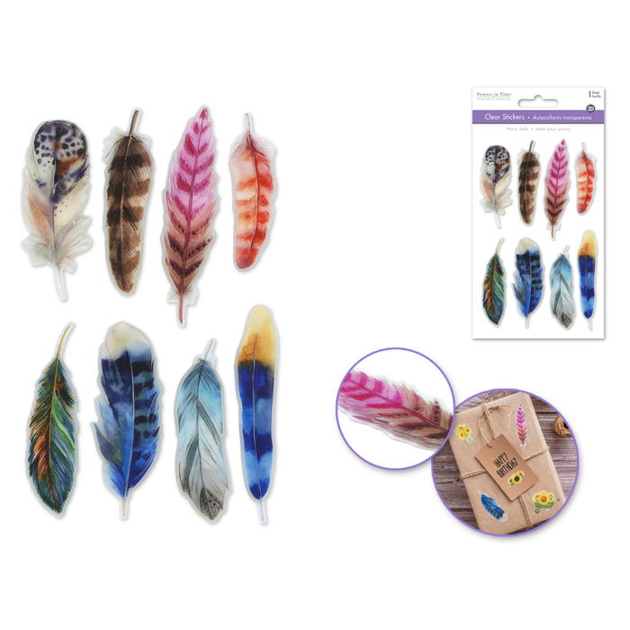 Colorful feather-shaped stickers on a white background with a close-up inset showing application on paper.