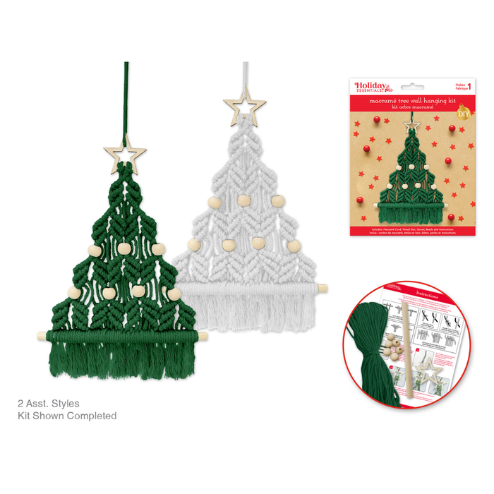 Two macrame Christmas tree ornaments, one green and one white, with a packaging box in the background.
