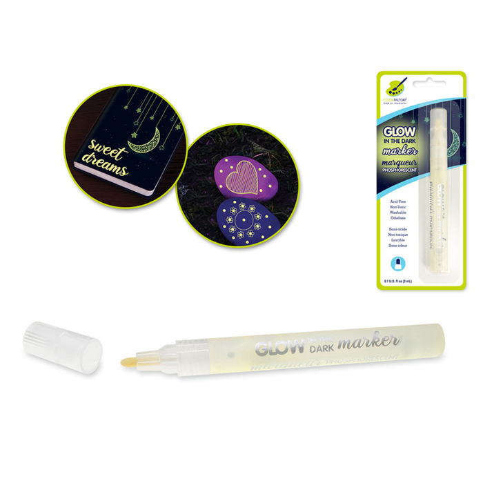 Glow dark marker with packaging and sample writings on a white background