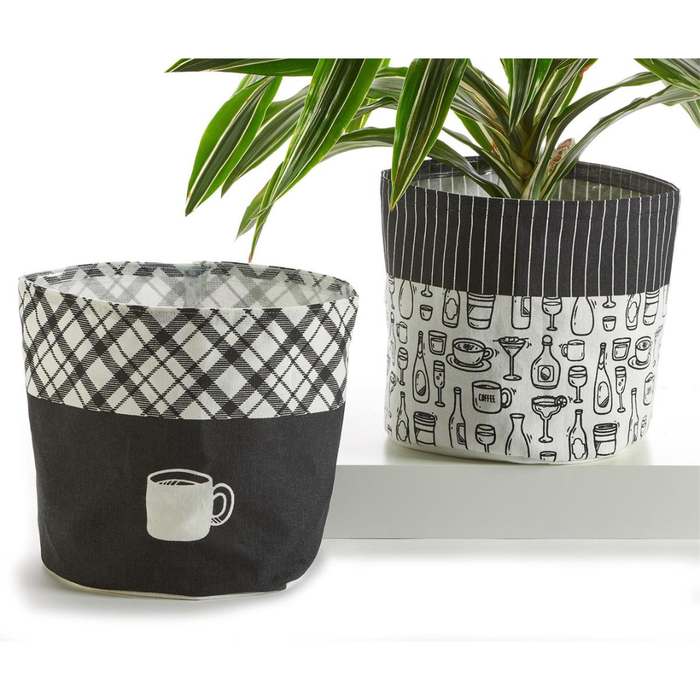 Two fabric planters with different designs on a white background