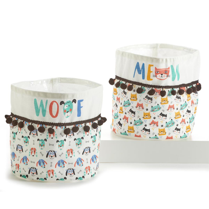 Two fabric storage bins with animal patterns and text on a white background