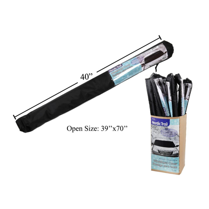 Car windshield cover with packaging and dimensions on a white background