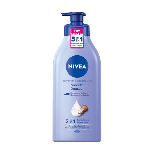 A 625 mL pump bottle of Nivea Smooth Body Lotion, labeled 5-in-1 Complete Care with 48-hour smoothing moisture. Features shea butter and Deep Care Serum for dry skin.