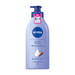 A 625 mL pump bottle of Nivea Smooth Body Lotion, labeled 5-in-1 Complete Care with 48-hour smoothing moisture. Features shea butter and Deep Care Serum for dry skin.