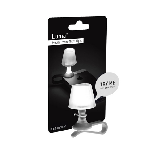 Luma Mobile Phone Night Light in packaging, a mini lampshade accessory that clips onto a smartphone flashlight to create a cozy night lamp effect.