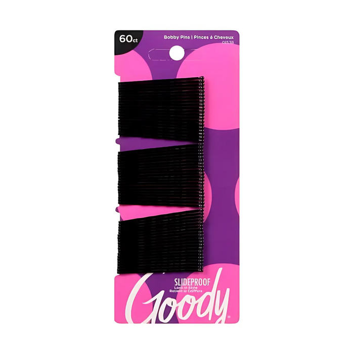 Goody Bobby Pins 48 count in black, neatly arranged on purple and pink packaging with Slideproof design.