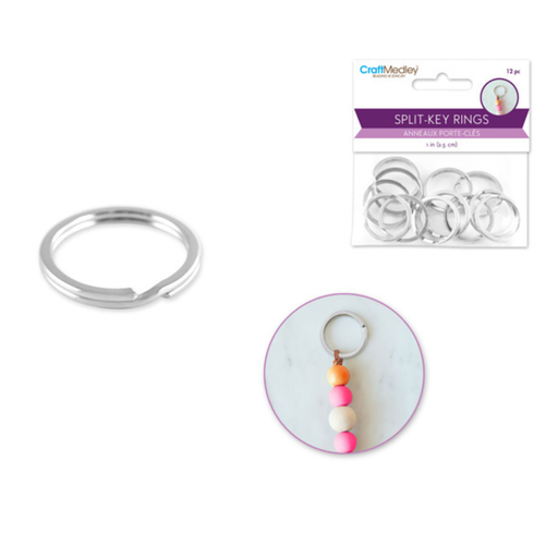 Silver split-key ring with colorful bead keychain and packaging on a white background