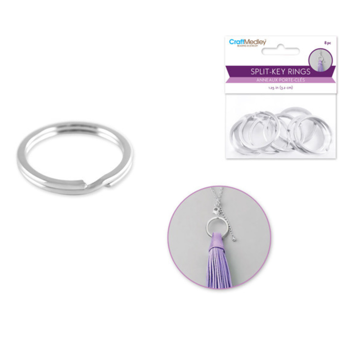 Silver split-key ring with packaging and tassel detail on a white background