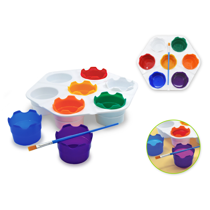 Colorful paint set with cups, tray, and brush on a white background