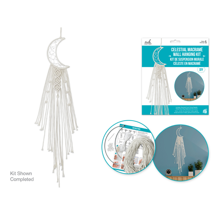 Celestial macrame wall hanging kit with packaging on a white background