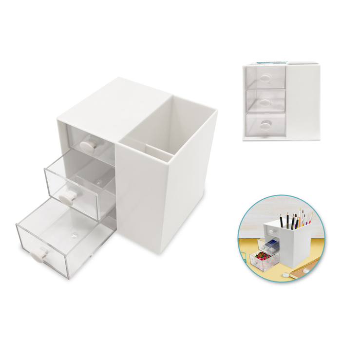 White storage cube with clear lid and drawers on a white background