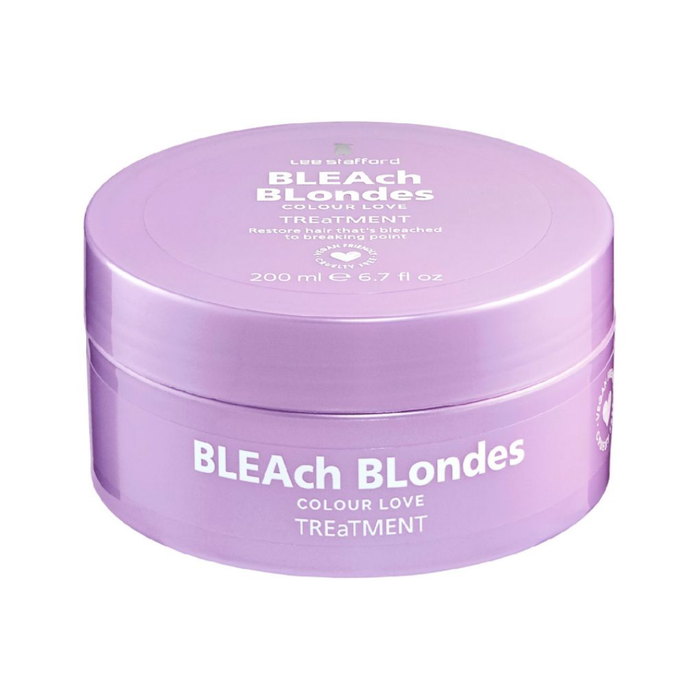 Purple jar of 'BLEAch BLondes' hair treatment on a white background