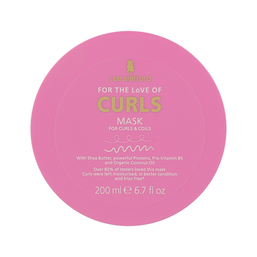 Pink container of 'For The Love Of Curls' mask with gold text on a white background