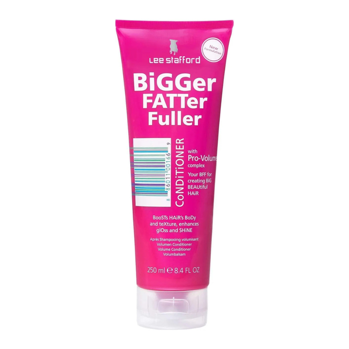 Pink conditioner bottle labeled 'Bigger Fatter Fuller' on a white background