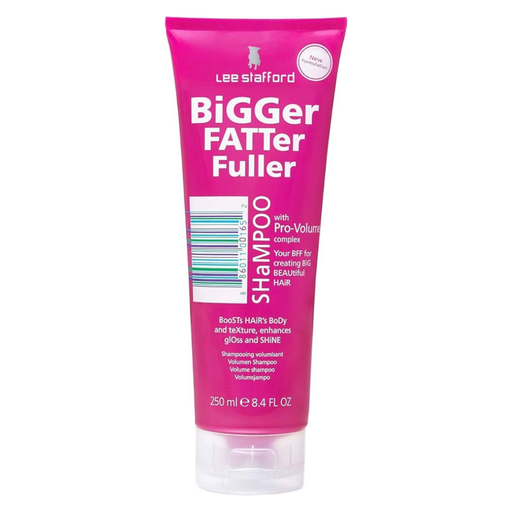 Pink shampoo bottle labeled 'Bigger Fatter Fuller' by Lee Stafford on a white background