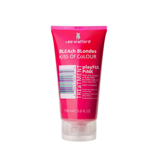 Pink tube of Lee Stafford hair color treatment on a white background