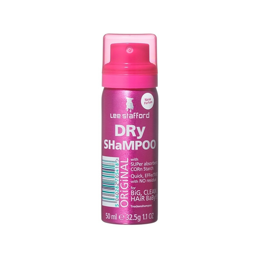 Lee Stafford dry shampoo bottle with pink cap on a white background