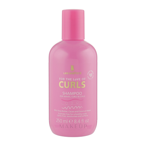 Pink bottle of Lee Stafford 'For the Love of Curls' shampoo on a white background