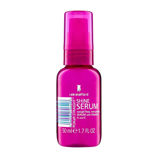 Pink bottle of Lee Stafford Straight Shine Serum on a white background
