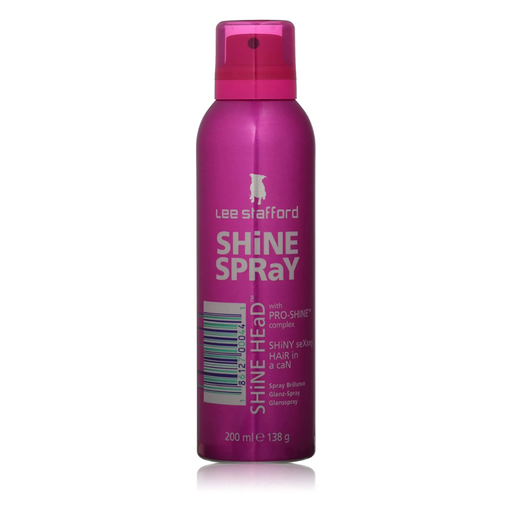 Pink bottle of Lee Stafford Shine Spray on a white background