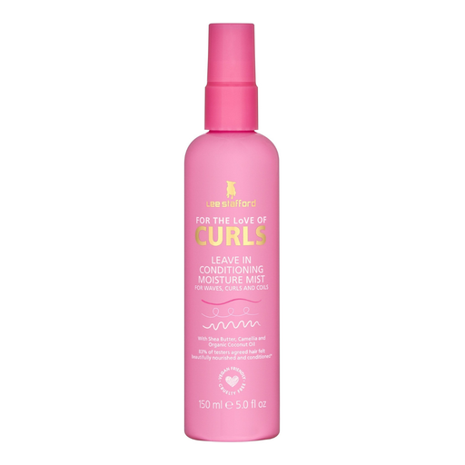 Pink bottle of 'For the Love of Curls' leave-in conditioning moisture mist on a white background