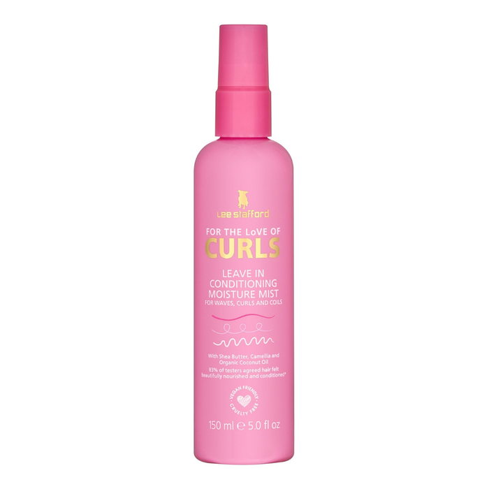 Pink bottle of 'For the Love of Curls' leave-in conditioning moisture mist on a white background