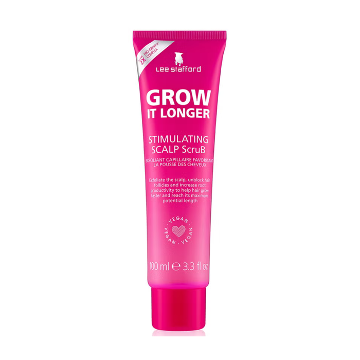 Pink tube of Lee Stafford scalp scrub on a white background