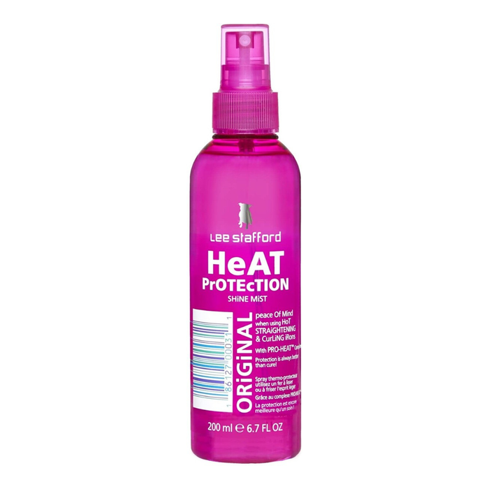 Pink bottle of Lee Stafford Heat Protection Shine Mist on a white background