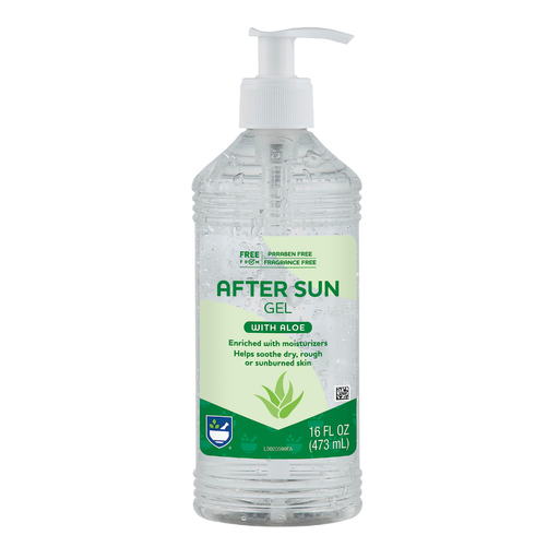 Bottle of after sun gel with aloe on a white background