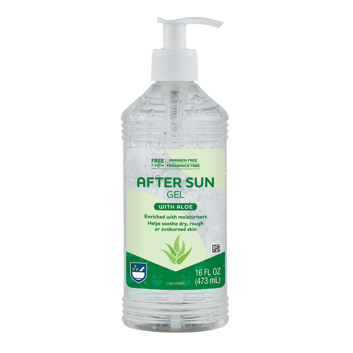 Bottle of after sun gel with aloe on a white background