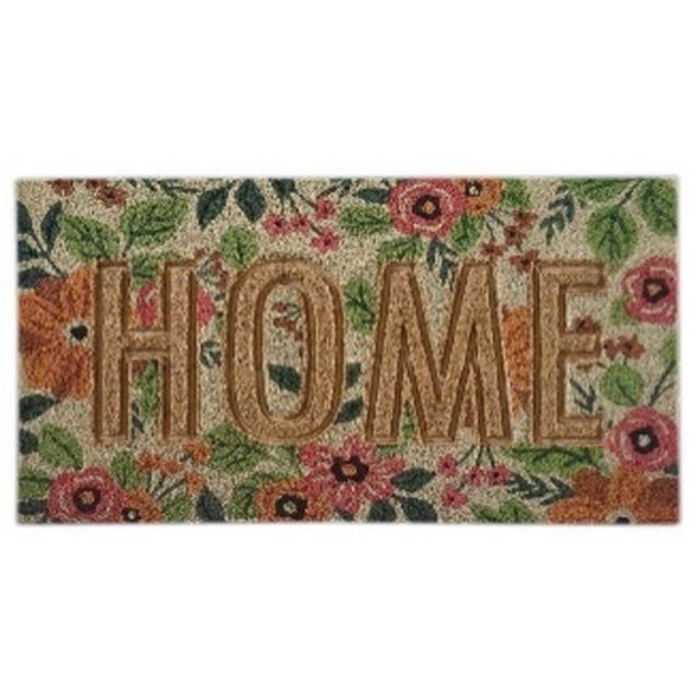 Doormat with floral design and 'HOME' text on a white background