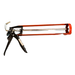 Caulking gun with red and black design on a white background