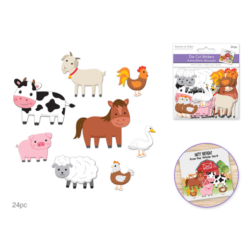 Farm animal stickers with packaging on a white background
