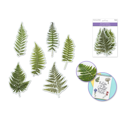 Fern leaf stickers on a white background with a product card in the corner.