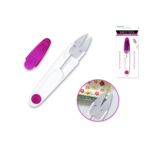 Snip-it tool with purple handle and white body on a white background