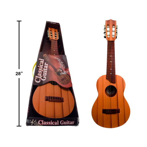 Small classical guitar next to its packaging with dimensions indicated.