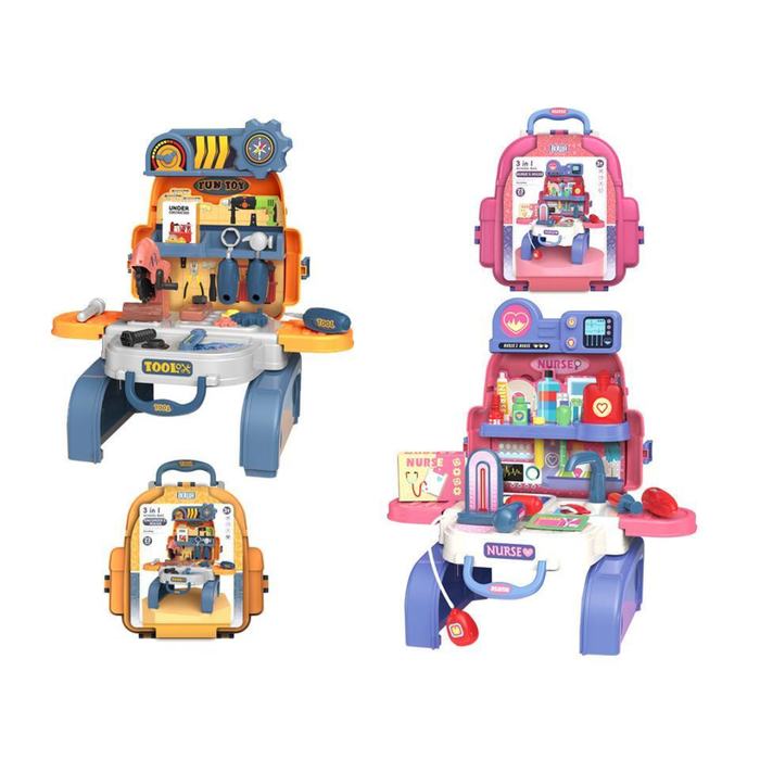 Set of toy playsets including a tool bench, nurse's station, and other themed stations on a white background.
