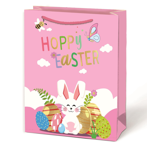 Pink Easter gift bag with bunny, eggs, and 'Happy Easter' text on a white background