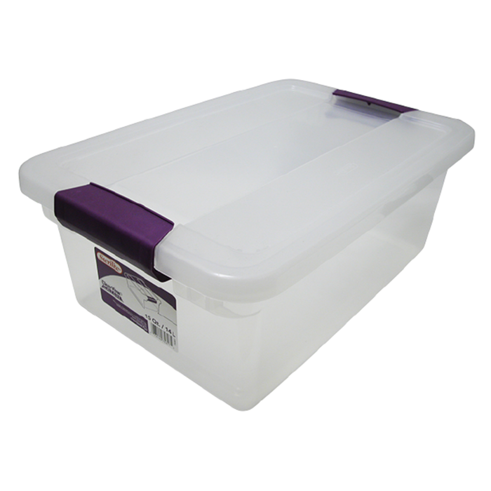 Clear plastic storage box with a purple handle on a white background