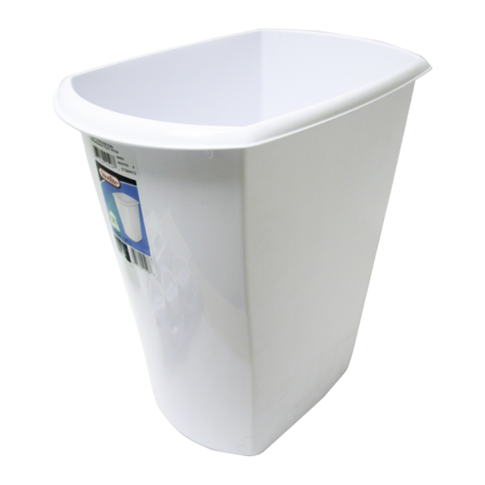 White plastic trash bin with a label on a white background